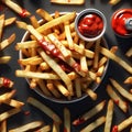 French fries The golden brown sticks of potato, suspended in mid-air, defy gravity and logic