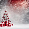 Elegant silver Christmas tree with red gifts on a panoramic snow snowflakes background, AI generated image Royalty Free Stock Photo