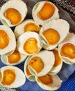 Marinated duck eggs are then cut in half Royalty Free Stock Photo