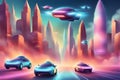 Future city with cars and UFO flying in the sky. Generative AI Royalty Free Stock Photo