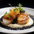 Fine dining seared scallops with sauce and on top with caviar, food photography