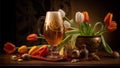 Chilled tasty beer in pot belled tall feet beer mug with tulips on background