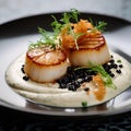 Fine dining seared scallops with sauce and on top with caviar, food photography