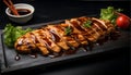 Delicious Japanese chicken teriyaki with sauce, food photography