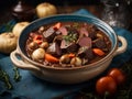 Beef Bourguignon, delicious French dinner dish of slow cooked beef in a red wine sauce, mushrooms Royalty Free Stock Photo