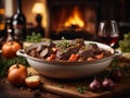 Beef Bourguignon, delicious French dinner dish of slow cooked beef in a red wine sauce, mushrooms Royalty Free Stock Photo