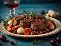 Beef Bourguignon, delicious French dinner dish of slow cooked beef in a red wine sauce, mushrooms Royalty Free Stock Photo