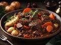 Beef Bourguignon, delicious French dinner dish of slow cooked beef in a red wine sauce, mushrooms Royalty Free Stock Photo
