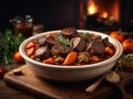 Beef Bourguignon, delicious French dinner dish of slow cooked beef in a red wine sauce, mushrooms Royalty Free Stock Photo