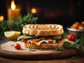 Delicious Grilled Foccacia Sandwich, crispy crust savory aroma of grilled bread mingles with melted chees Royalty Free Stock Photo