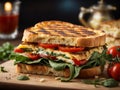 Delicious Grilled Foccacia Sandwich, crispy crust savory aroma of grilled bread mingles with melted chees Royalty Free Stock Photo