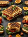 Delicious Grilled Foccacia Sandwich, crispy crust savory aroma of grilled bread mingles with melted chees Royalty Free Stock Photo