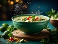 Delicious Thai green curry soup, vibrant blend of fresh green chilies, garlic, shallots