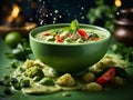 Delicious Thai green curry soup, vibrant blend of fresh green chilies, garlic, shallots