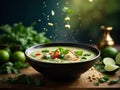 Delicious Thai green curry soup, vibrant blend of fresh green chilies, garlic, shallots