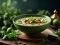 Delicious Thai green curry soup, vibrant blend of fresh green chilies, garlic, shallots