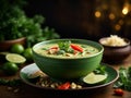 Delicious Thai green curry soup, vibrant blend of fresh green chilies, garlic, shallots