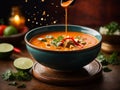 Delicious Thai red curry soup, vibrant ruby-red broth simmering with a symphony of aromas Royalty Free Stock Photo