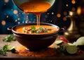 Delicious Thai red curry soup, vibrant ruby-red broth simmering with a symphony of aromas Royalty Free Stock Photo