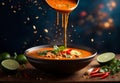 Delicious Thai red curry soup, vibrant ruby-red broth simmering with a symphony of aromas Royalty Free Stock Photo
