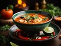 Delicious Tom Yum soup, vibrant flavorful Thai dish, aromatic broth
