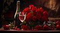 A bottle of champagne surrounded by red roses. Generative AI.