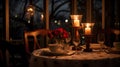 A table surrounded by candles, in the style of romantic landscape. Generative AI. Royalty Free Stock Photo