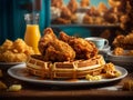 Delicious American chicken and waffles, golden-hued pieces of fried chicken