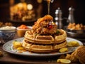 Delicious American chicken and waffles, golden-hued pieces of fried chicken Royalty Free Stock Photo
