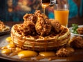 Delicious American chicken and waffles, golden-hued pieces of fried chicken Royalty Free Stock Photo