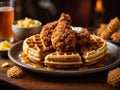 Delicious American chicken and waffles, golden-hued pieces of fried chicken Royalty Free Stock Photo