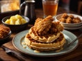 Delicious American chicken and waffles, golden-hued pieces of fried chicken