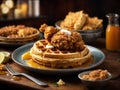 Delicious American chicken and waffles, golden-hued pieces of fried chicken Royalty Free Stock Photo