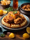 Delicious American chicken and waffles, golden-hued pieces of fried chicken Royalty Free Stock Photo