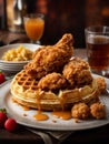 Delicious American chicken and waffles, golden-hued pieces of fried chicken