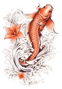 Koi fish and flower. Vector illustration. Tattoo design. Generative AI.