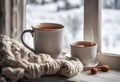 Cozy winter still life: mug of hot tea and warm woolen knitting on vintage windowsill against snow landscape from outside. Royalty Free Stock Photo