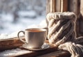 Cozy winter still life: mug of hot tea and warm woolen knitting on vintage windowsill against snow landscape from outside. Royalty Free Stock Photo