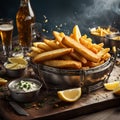 Delicious English Fish and chips, classic dish enjoyed for centuries, cinematic