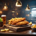 Delicious English Fish and chips, classic dish enjoyed for centuries, cinematic