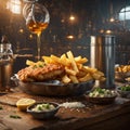 Delicious English Fish and chips, classic dish enjoyed for centuries, cinematic