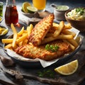 Delicious English Fish and chips, classic dish enjoyed for centuries, cinematic