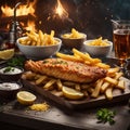 Delicious English Fish and chips, classic dish enjoyed for centuries, cinematic