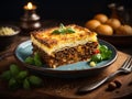 Delicious Greek dish, combo of lamb, oregano, aubgerines and tomatoes, with a rich cheesy