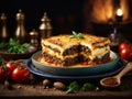 Delicious Greek dish, combo of lamb, oregano, aubgerines and tomatoes, with a rich cheesy