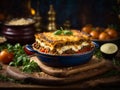 Delicious Greek dish, combo of lamb, oregano, aubgerines and tomatoes, with a rich cheesy