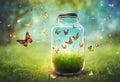 User Freedom Concept - Magic Butterflies Flying Out Of The Jar On The Lawn