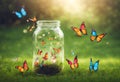 Freedom Concept - Magic Butterflies Flying Out Of The Jar On The Lawn