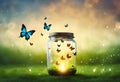 Freedom Concept - Magic Butterflies Flying Out Of The Jar On The Lawn