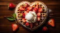 A heart shaped waffle with strawberries and whipped cream. Generative AI.